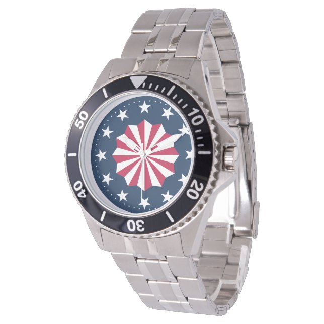 Patriotiska röda vita blå stjärnor ränder rosett armbandsur (Vinklad)