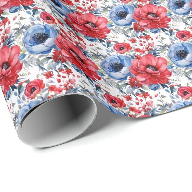 Patriotiska röda vita och blåa blommor presentpapper (Rullad Hörn)