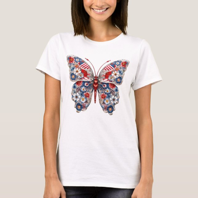 PATRIOTISKA RÖTT VITT BLÅTT SMÖR OCH BLOMMOR T SHIRT (Framsida)