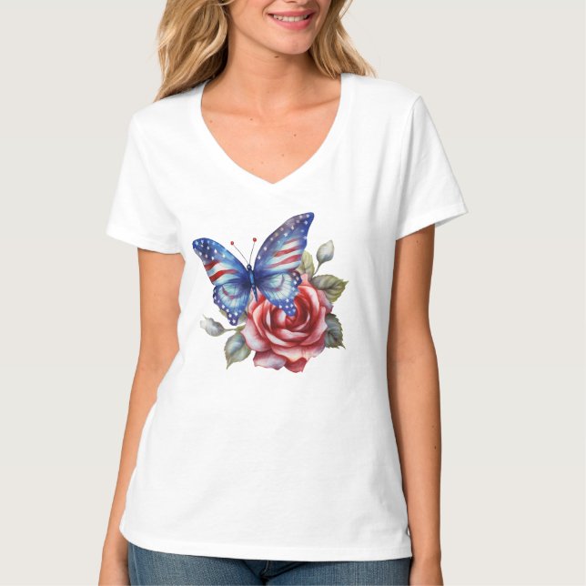 PATRIOTISKA RÖTT VITT BLÅTT SMÖR OCH BLOMMOR T SHIRT (Framsida)