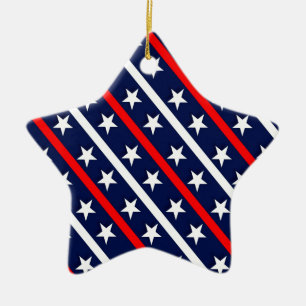 patriotiska rött vitt blått stjärnor julgransprydnad keramik