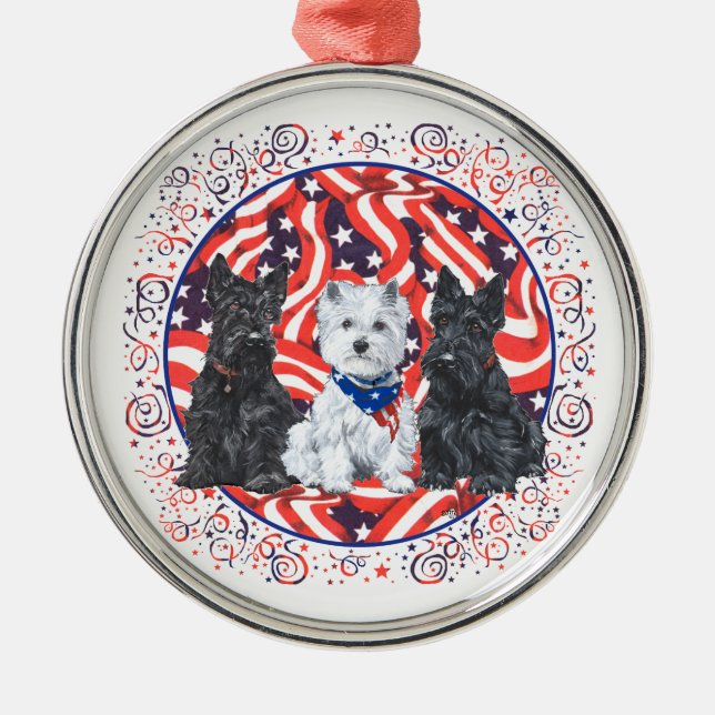 Patriotiska Scotties och Westie-prydnad Julgransprydnad Metall (Framsidan)