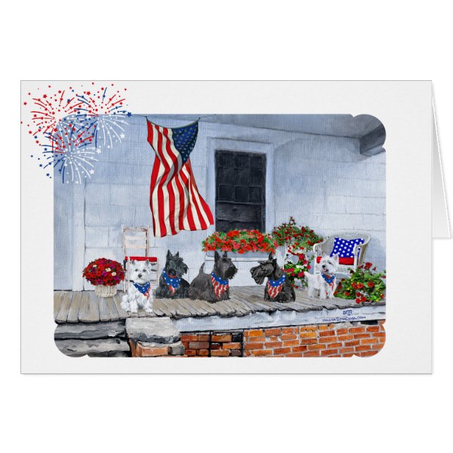 Patriotiska Scotties och Westies Hälsningskort (Framsidan Horizontal)