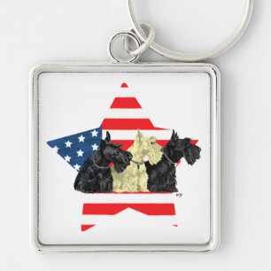 Patriotiska skotska terrier på stjärna fyrkantig silverfärgad nyckelring