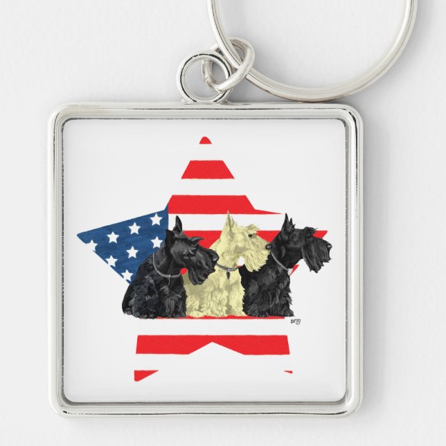 Patriotiska skotska terrier på stjärna fyrkantig silverfärgad nyckelring (Framsidan)