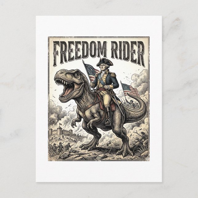 Patriotiske George Washington Ridande T-rex Frihet Vykort (Framsida)