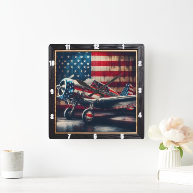 Patriotiskt flygplan med amerikansk Flagga Fyrkantig Klocka (Hem)
