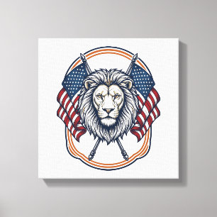 Patriotiskt Lejon med Amerikanska Flaggor Vintage Canvastryck