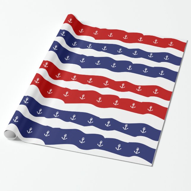 Patriotiskt nautiskt ankrar röd vit och blått presentpapper (Utrullad)