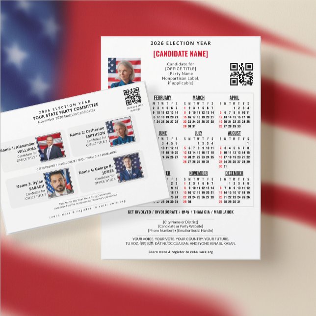 Patriotiskt politiskt val QR-kod 2026 Kalender (Patriotic Political Election QR Code 2026 Calendar + Slate Card Set to promote voter outreach)