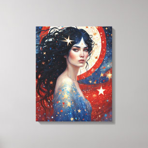 Patriotisms Woman Rött vitt blått juli Canvastryck