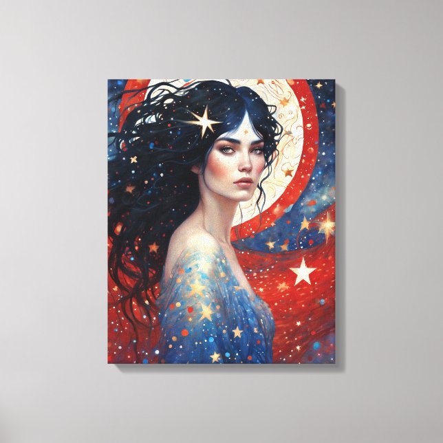 Patriotisms Woman Rött vitt blått juli Canvastryck (Framsida)