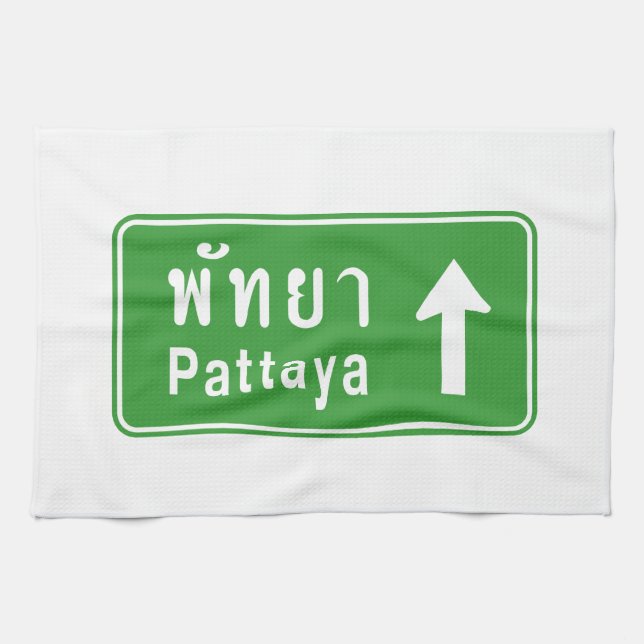 Pattaya Ahead ⚠ Thai Highway Traffic Sign ⚠ Kökshandduk (Horisontell)