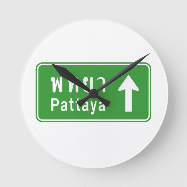 Pattaya Ahead ⚠ Thai Highway Traffic Sign ⚠ Rund Klocka (Framsida)