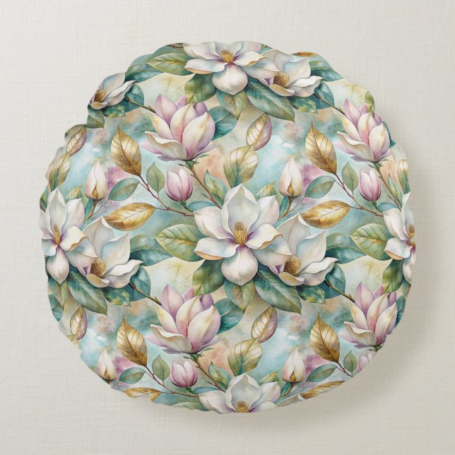 Pattern Elegant Magnolia Flowers Rund Kudde (Framsidan)