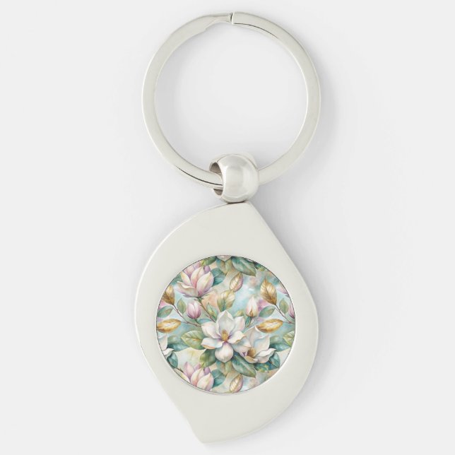 Pattern Elegant Magnolia Flowers Swirl Silverfärgad Nyckelring (Framsidan)