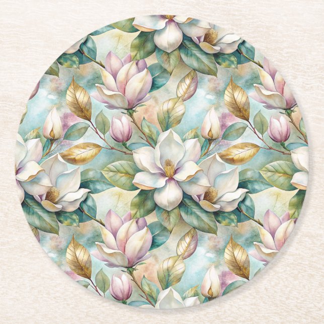 Pattern Elegant Magnolia Flowers Underlägg Papper Rund (Framsidan)