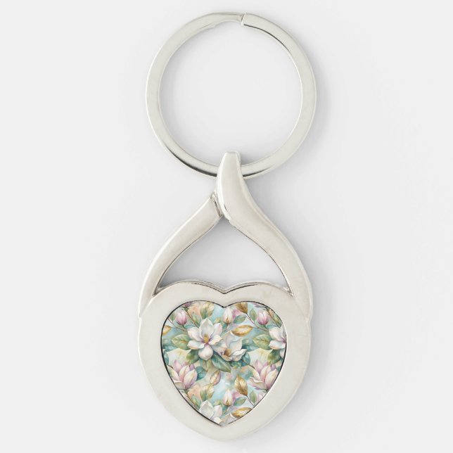Pattern Elegant Magnolias Twisted Heart Silverfärgad Nyckelring (Framsidan)