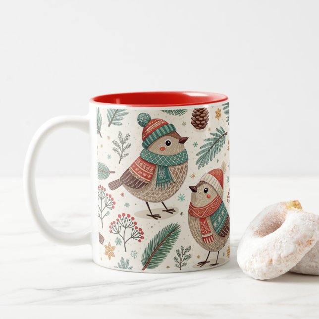 Pattern Scandinavian Christmas Birds Två-Tonad Mugg (Med munk)