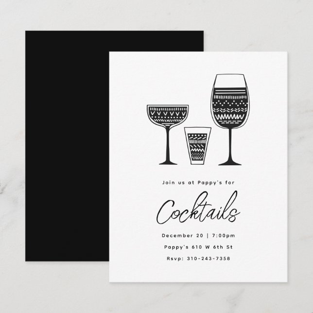 Patterned Cocktails Black and White Cocktail Party Inbjudningar (Fram/baksida)