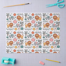 Patterned design with playful lions, elephants