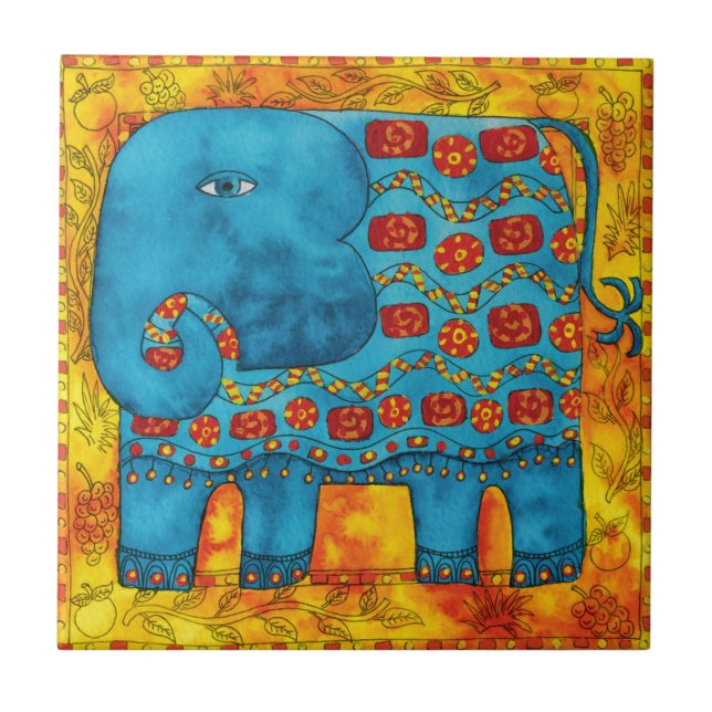 Patterned Elephant Watercolor Illustration Kakelplatta (Framsidan)