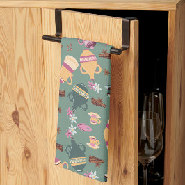 Patterned fabric featuring colorful teapots, cups, kökshandduk