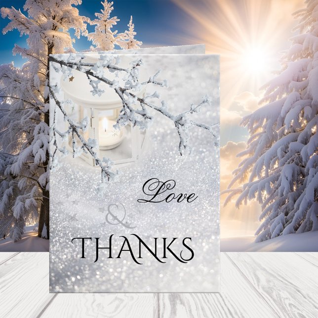 Påtvingande fotopapper från Snö Winter-bröllopet - Tack Kort (winter wedding Thank You card featuring a candle lit lantern in a sparkling snow winter wonderland)