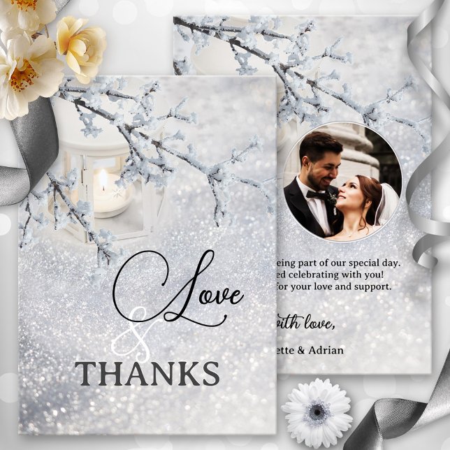Påtvingande fotopapper från Snö Winter-bröllopet - Tack Kort (Winter wedding Thank You card featuring a candle lit lantern in a sparkling snow with custom photo)