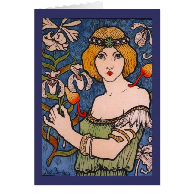 Paul Berthon - Dam med Orchids Hälsningskort (Framsidan)