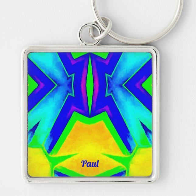 PAUL~ Blue-Grönt och Gult ~ Fyrkantig Silverfärgad Nyckelring (Framsidan)