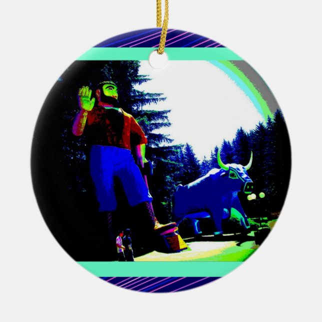 Paul Bunyan och oxefoto som förhöjs digitalt Julgransprydnad Keramik (Framsidan)