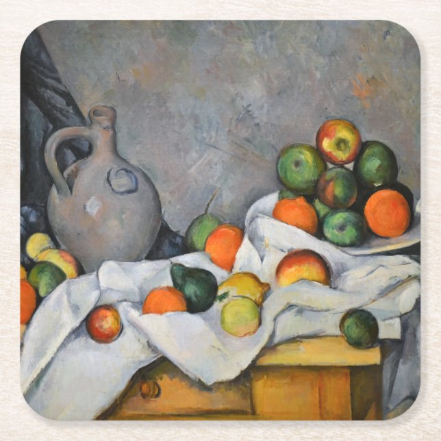 Paul Cezanne - Curtain, Jug and Fruit Bowl Underlägg Papper Kvadrat (Framsidan)