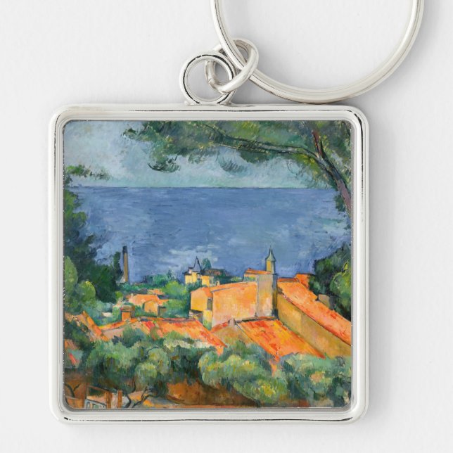 Paul Cezanne - Estaque med Red Tak Fyrkantig Silverfärgad Nyckelring (Framsidan)