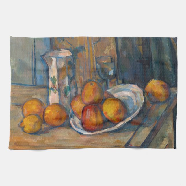 Paul Cezanne - Fortfarande livet med Mjölk Jug och Kökshandduk (Horisontell)