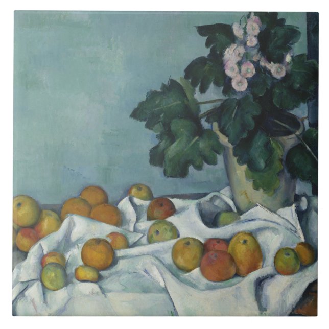 Paul Cezanne - Fortfarande med äpplen och en pot Kakelplatta (Framsidan)