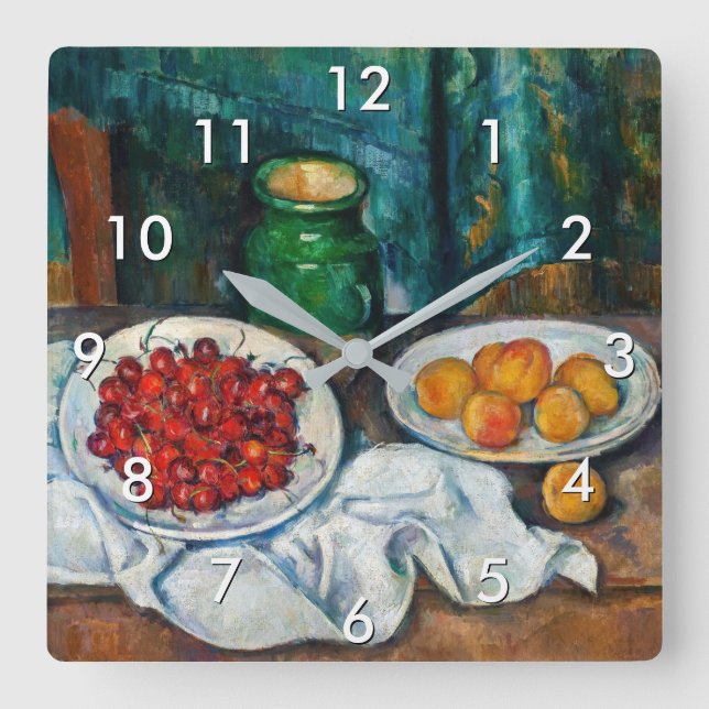 Paul Cezanne - Fortfarande med Cherries och Peachs Fyrkantig Klocka (Framsida)