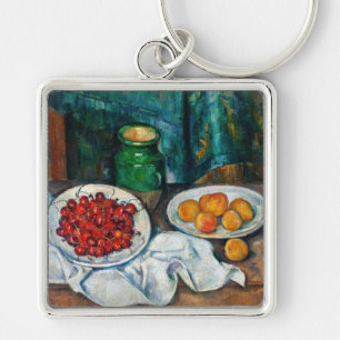 Paul Cezanne - Fortfarande med Cherries och Peachs Fyrkantig Silverfärgad Nyckelring