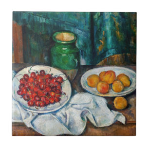 Paul Cezanne - Fortfarande med Cherries och Peachs Kakelplatta