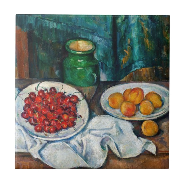 Paul Cezanne - Fortfarande med Cherries och Peachs Kakelplatta (Framsidan)