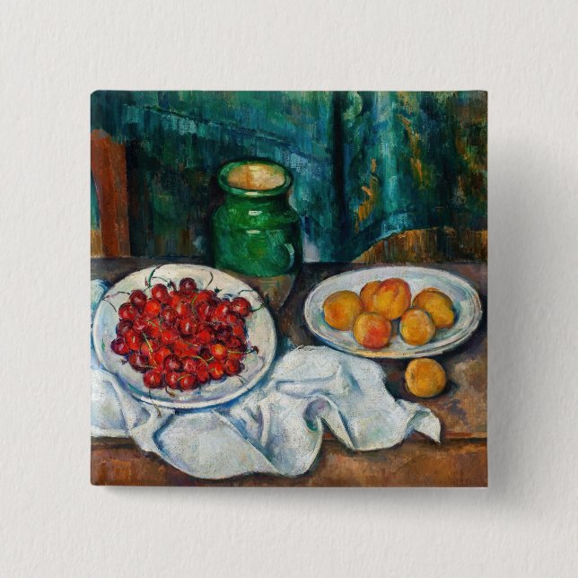 Paul Cezanne - Fortfarande med Cherries och Peachs Knapp (Framsida)