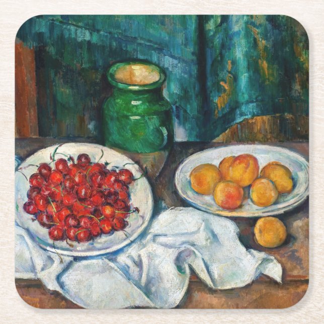 Paul Cezanne - Fortfarande med Cherries och Peachs Underlägg Papper Kvadrat (Framsidan)