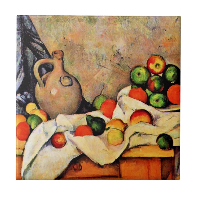 Paul Cezanne-målning, Curtain, Jug and Fruit Kakelplatta (Framsidan)
