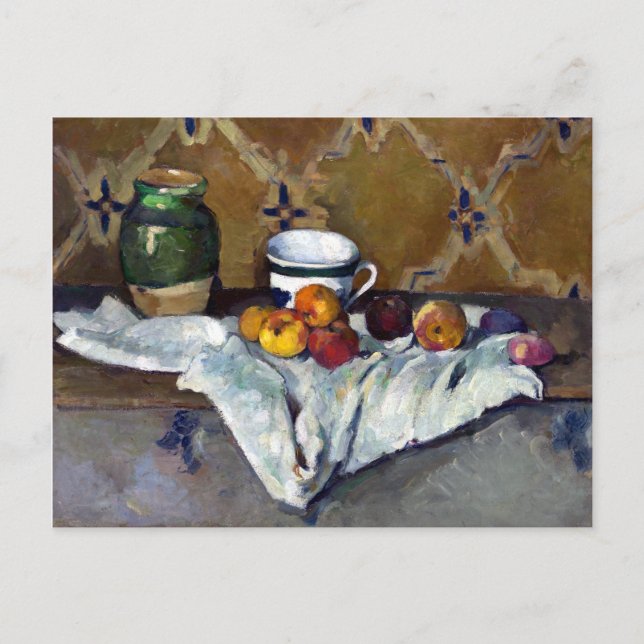 Paul Cezanne still Life med Burk, Kopp och äpplen Vykort (Framsida)