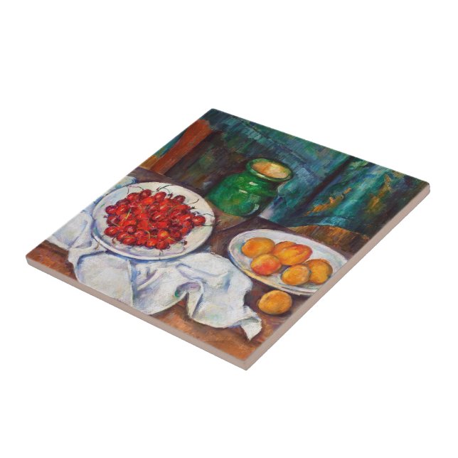 Paul Cezanne stilleben med körsbär och persikor Kakelplatta (Sidan)