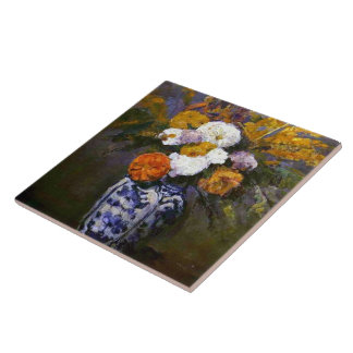 Paul Cezanne Vintage Dahlias i Delft Vas Kakelplatta