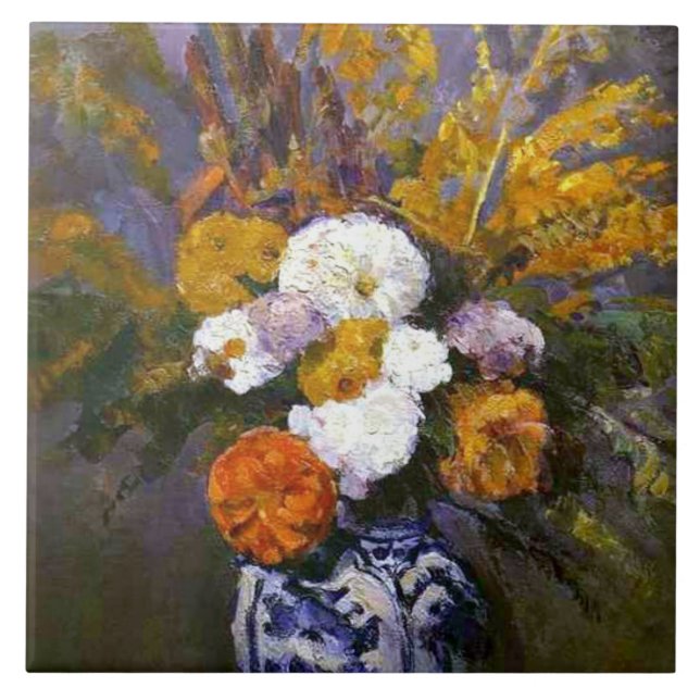 Paul Cezanne Vintage Dahlias i Delft Vas Kakelplatta (Framsidan)