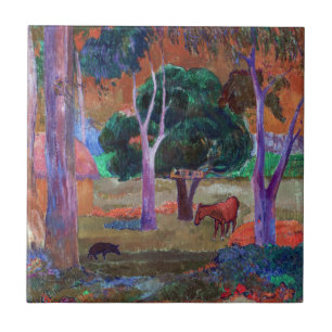 Paul Gauguin - Liggande med Gris och en häst Kakelplatta