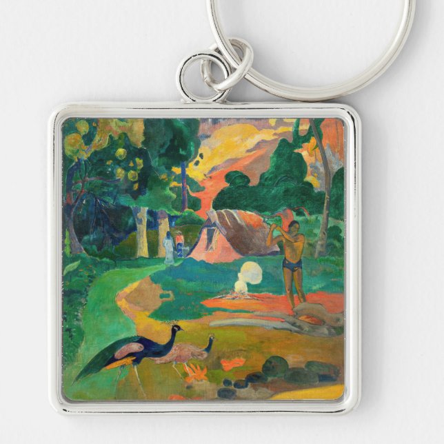 Paul Gauguin - Liggande med Peacocks / Matamoe Fyrkantig Silverfärgad Nyckelring (Framsidan)