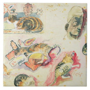 Paul Gauguin studie av katter och ett huvud (w/c Kakelplatta